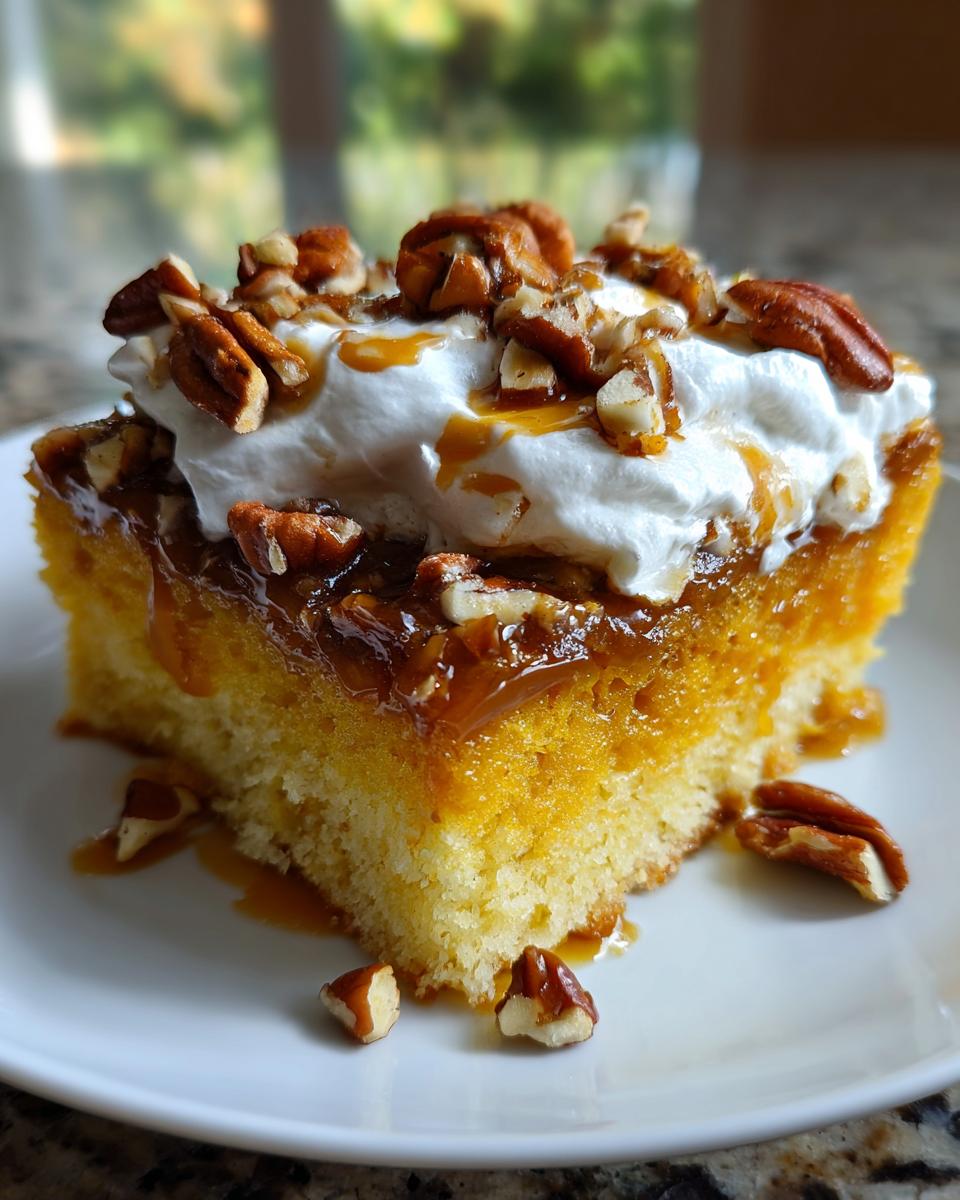 A decadent slice of butter pecan praline poke cake topped with whipped cream, pecan pieces, and caramel drizzle.