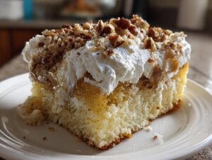 A close-up of a moist slice of butter pecan praline poke cake topped with whipped cream and chopped pecans.