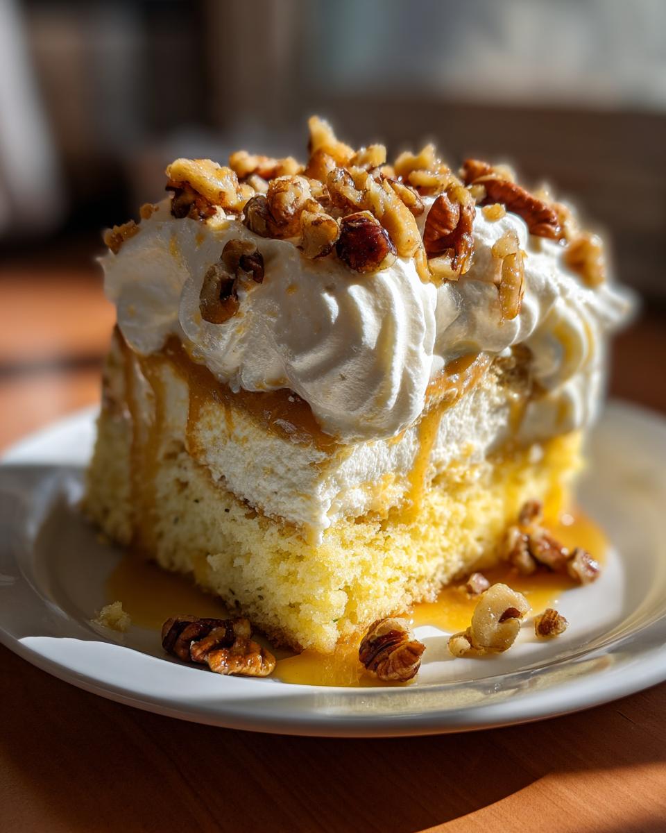 A generous slice of butter pecan praline poke cake topped with whipped cream, caramel drizzle, and chopped pecans.