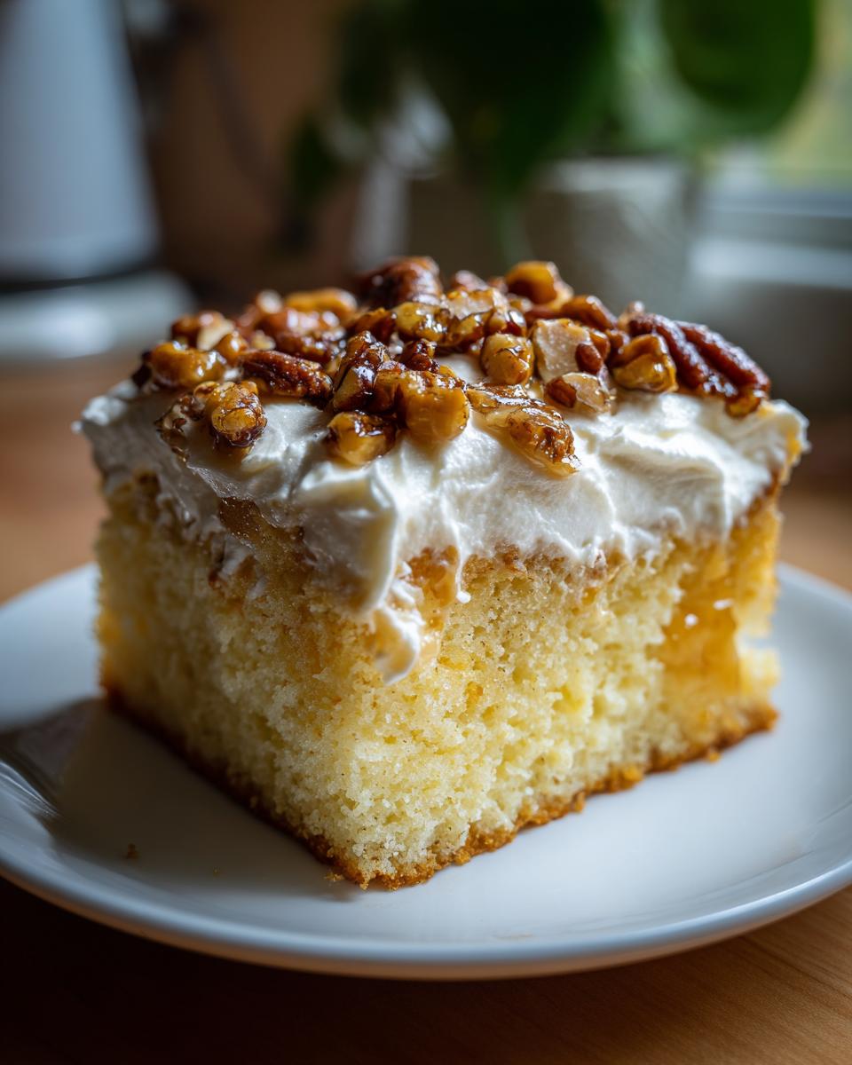 A close-up of a square slice of moist butter pecan praline poke cake topped with whipped cream and candied pecans.