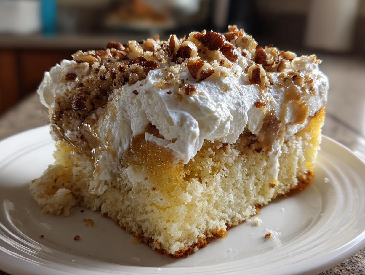 A close-up of a moist slice of butter pecan praline poke cake topped with whipped cream and chopped pecans.