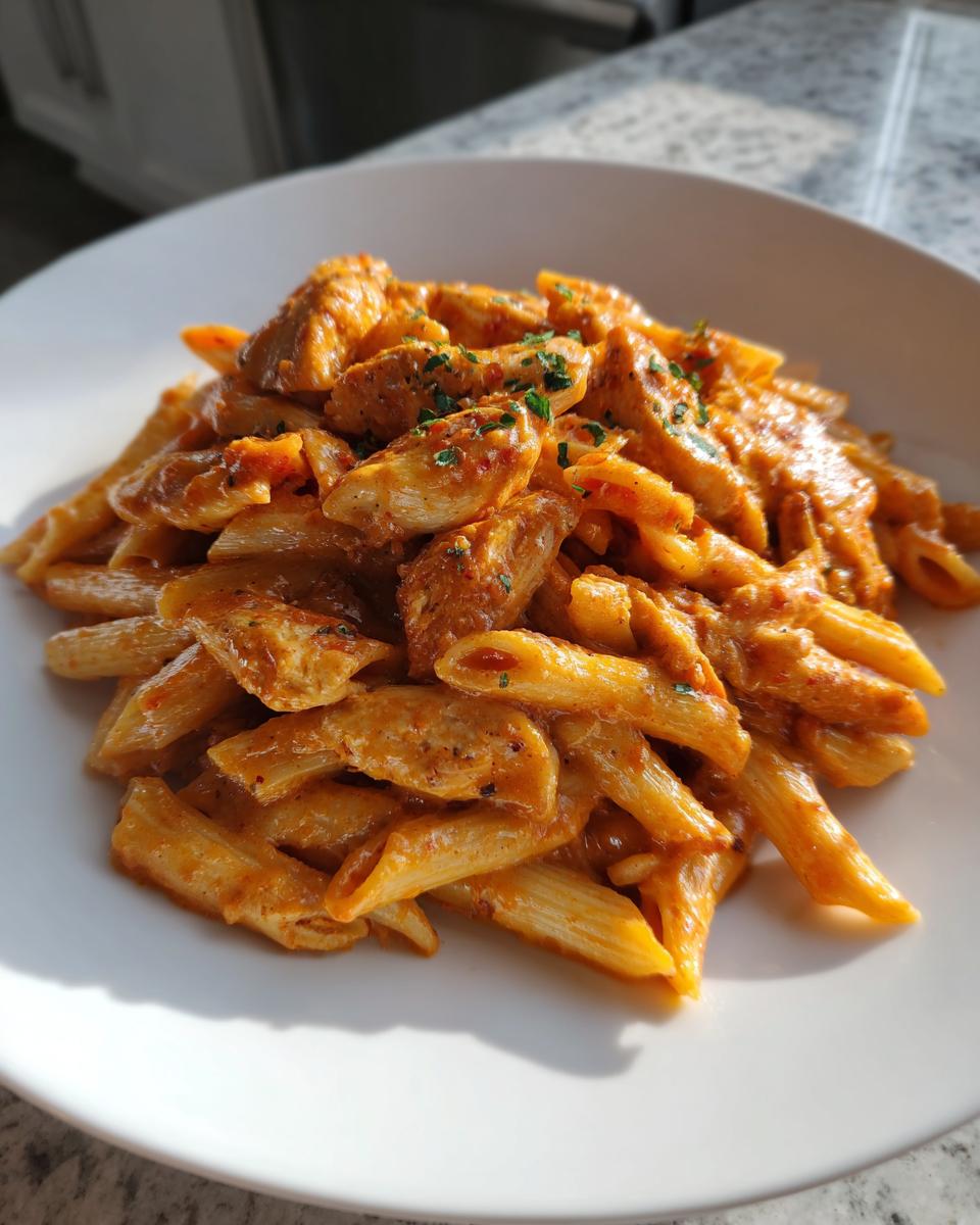 A close-up serving of creamy cajun chicken pasta featuring penne noodles and seasoned chicken pieces on a white plate.