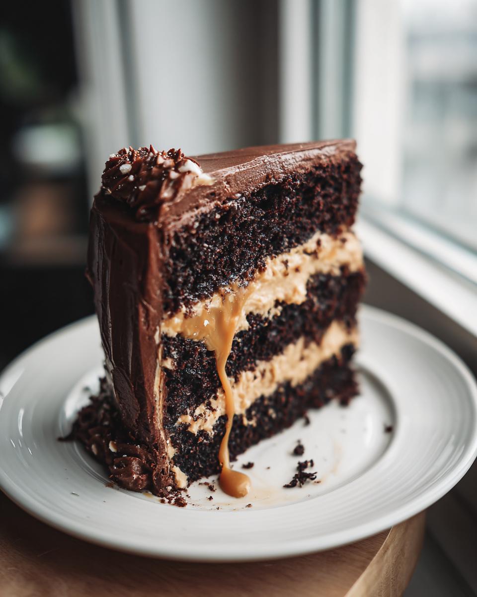 A rich slice of dark chocolate capricorn cake layered with peanut butter or caramel filling, drizzled with caramel.