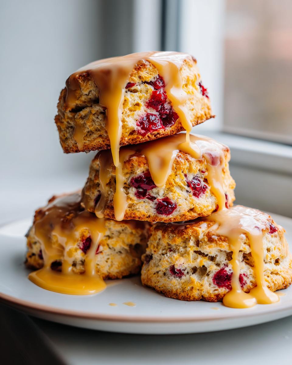 A stack of four delicious cranberry orange scones drizzled heavily with a thick caramel glaze.