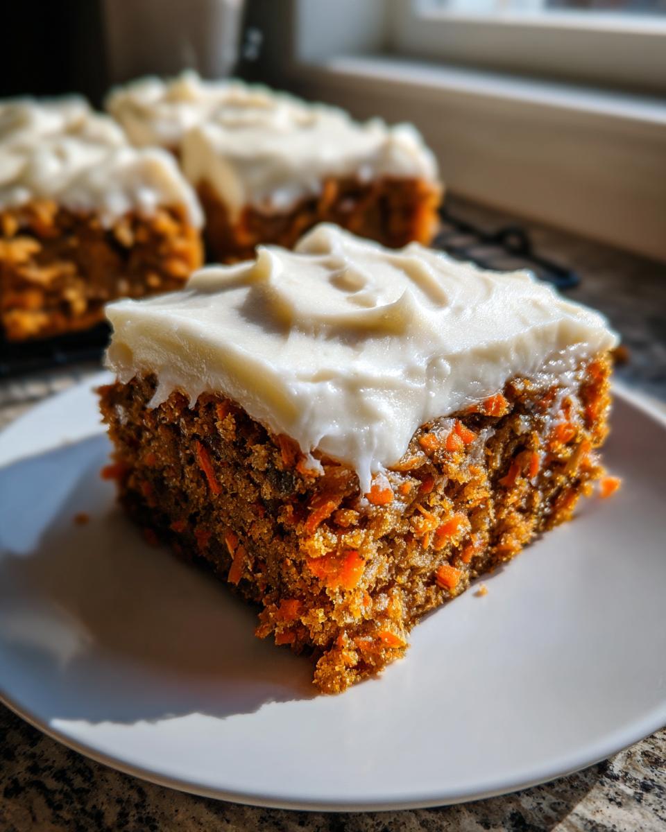 A single, thick slice of moist carrot cake bars topped with creamy white frosting, sitting on a white plate.