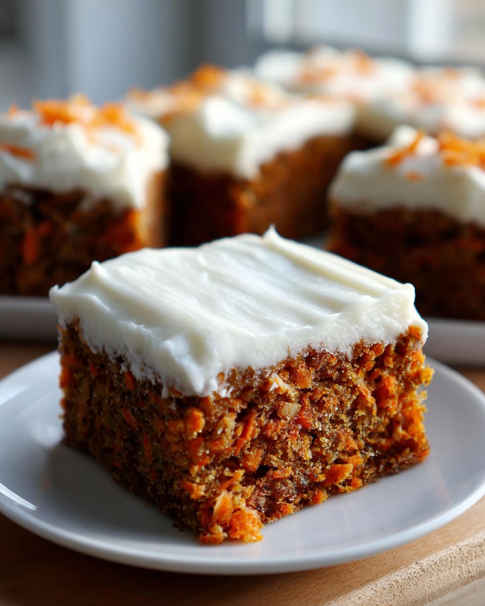 A close-up of a single square of moist carrot cake bars topped with thick cream cheese frosting.