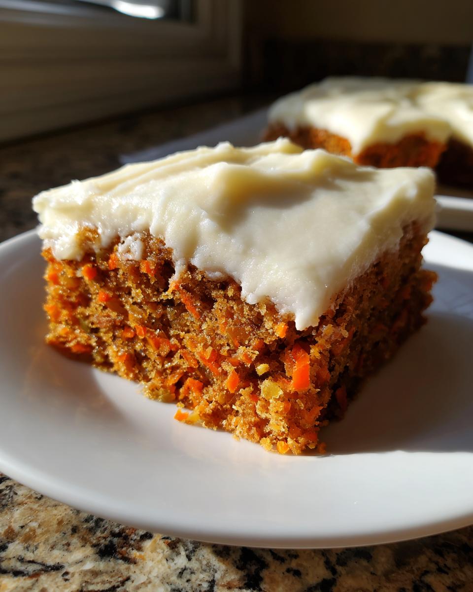 A close-up shot of a square slice of moist carrot cake bars topped with thick cream cheese frosting.