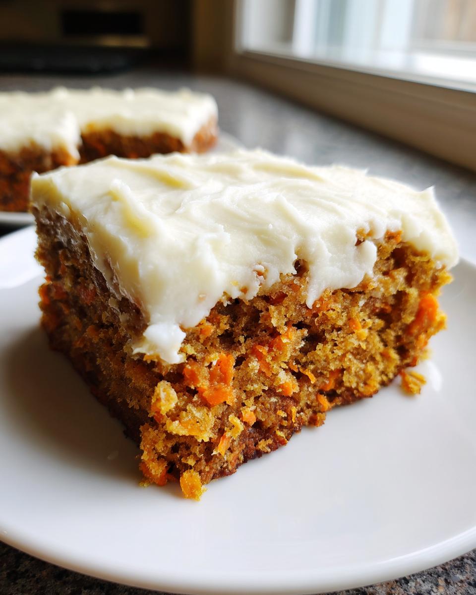 A close-up of a moist slice of carrot cake bars topped with thick, creamy white frosting on a white plate.