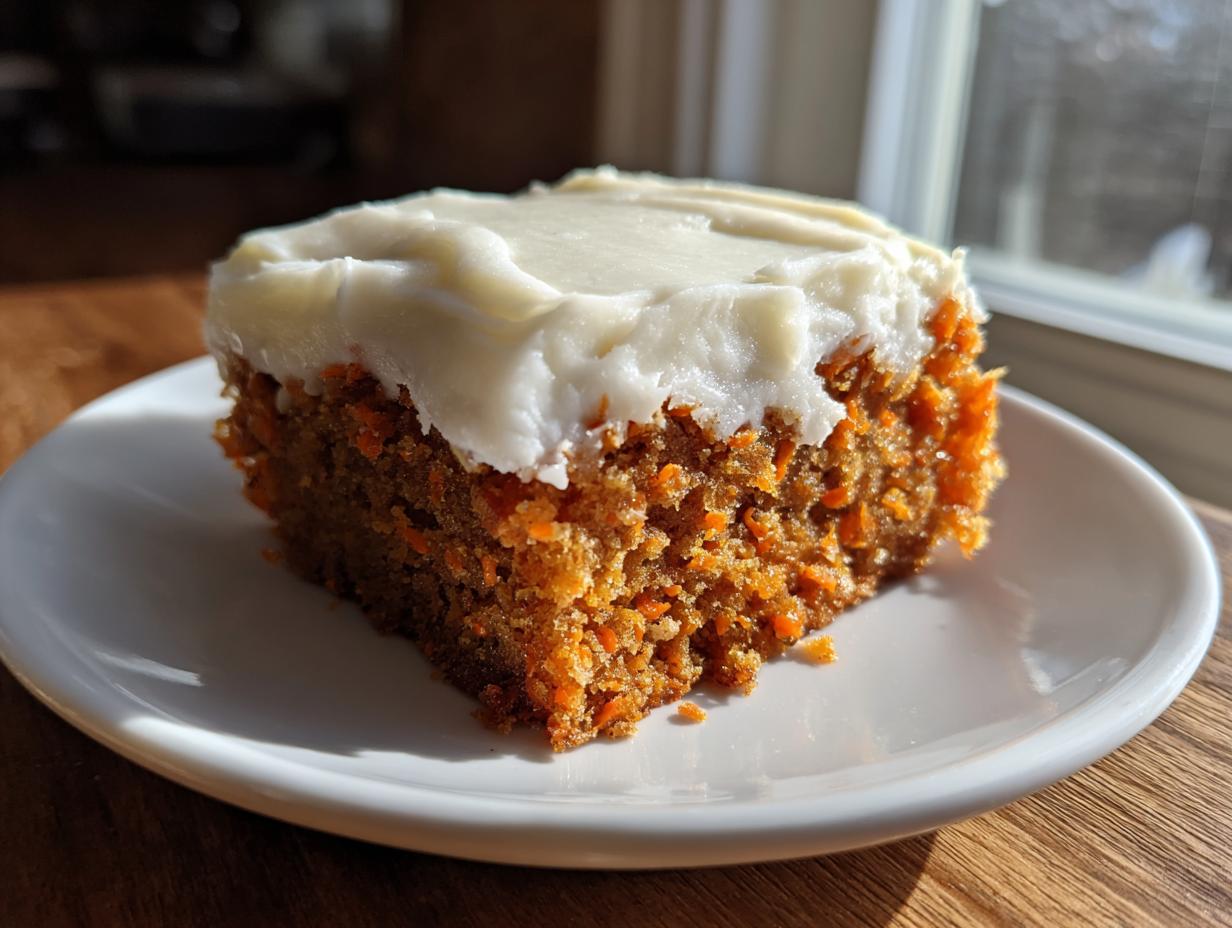A close-up of a thick slice of moist carrot cake bars topped with rich cream cheese frosting on a white plate.