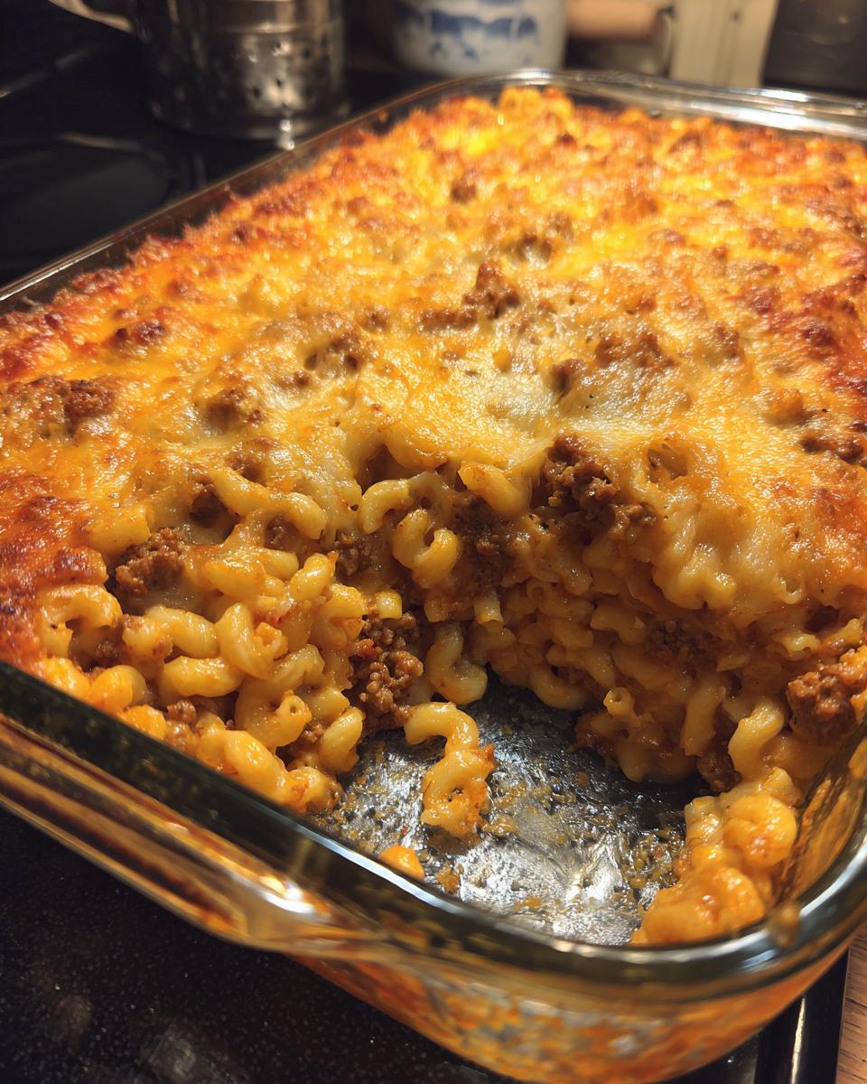 Close-up of a bubbling, baked cheeseburger casserole in a glass dish with a golden brown cheese crust.
