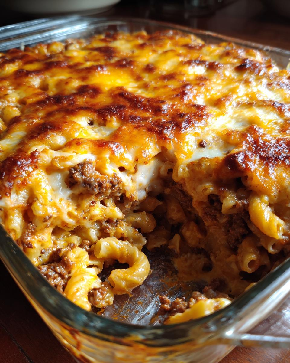 Close-up of a freshly baked cheeseburger casserole in a glass dish, showing macaroni pasta, ground beef, and a bubbly, browned cheese crust.