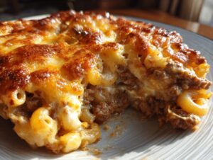 A close-up, mouthwatering shot of a serving of cheeseburger casserole featuring browned ground beef, elbow macaroni, and a bubbly, golden-brown melted cheese topping.