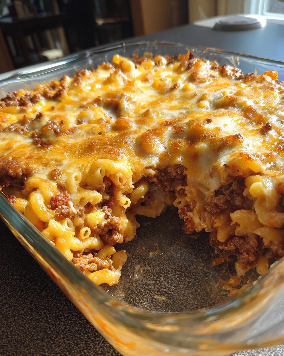 Close-up of a baked cheeseburger casserole in a glass dish, featuring macaroni, ground beef, and a bubbly, melted cheese crust.