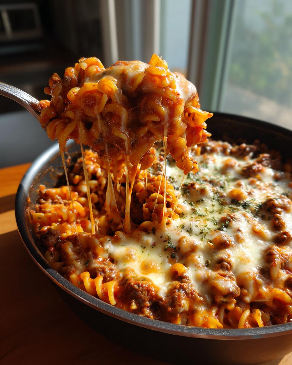 A spoonful of cheesy, saucy enchilada pasta being lifted from a skillet, showing long cheese pulls.