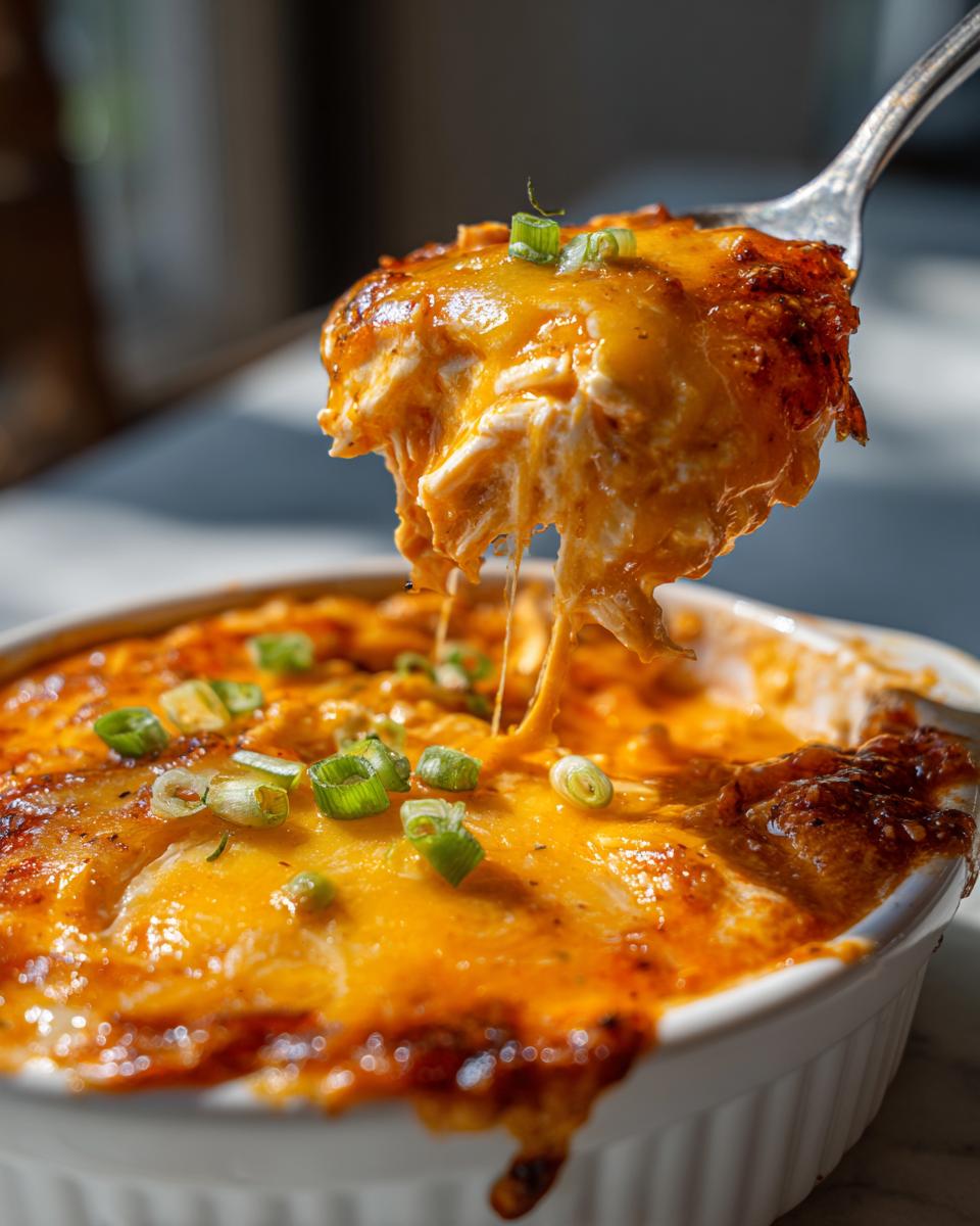 A spoonful of cheesy buffalo chicken chili being lifted from a white ramekin, showing a dramatic cheese pull.