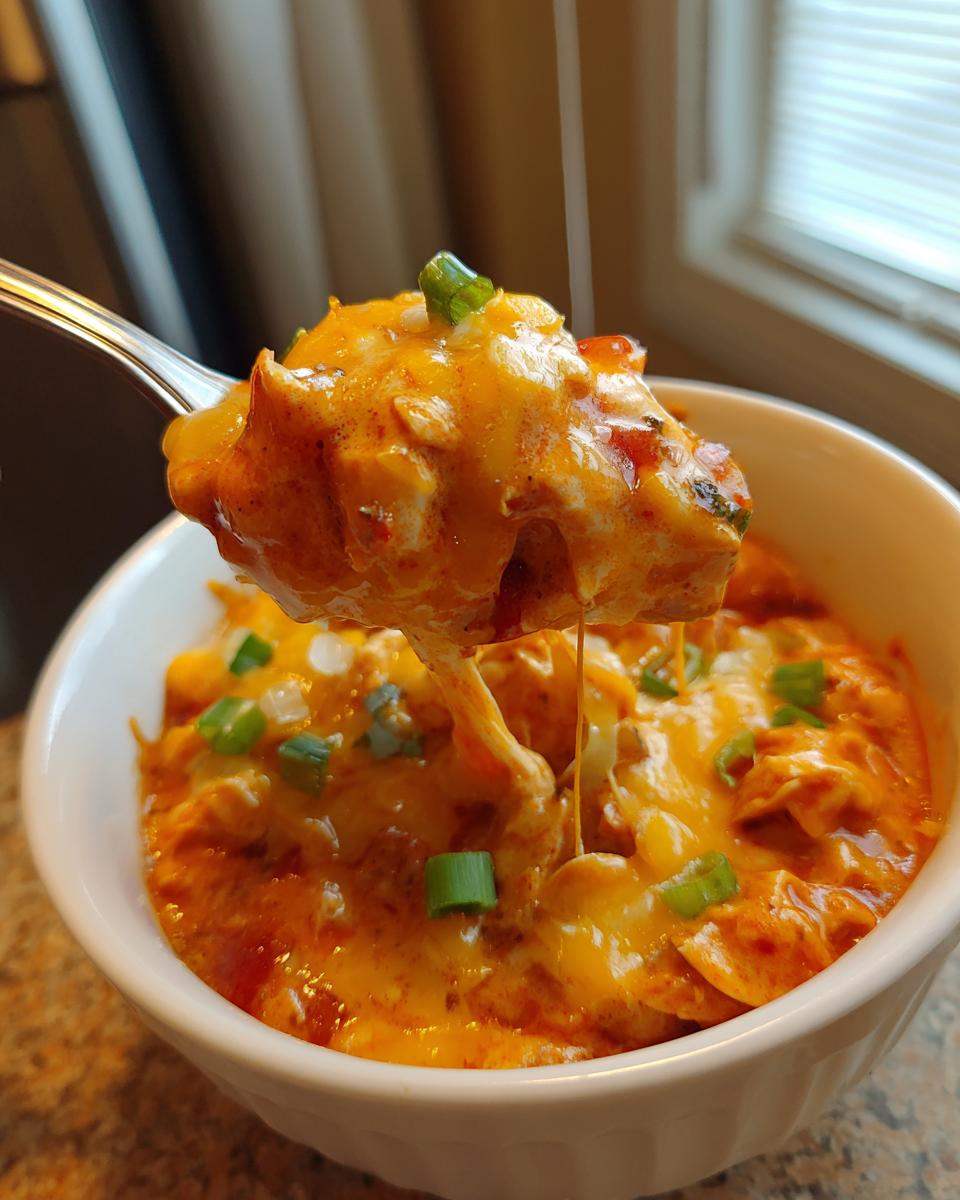 A spoonful of creamy, cheesy buffalo chicken chili being lifted from a white bowl, showing melted cheese strings.