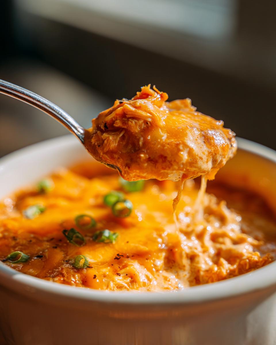 A spoonful of creamy, cheesy buffalo chicken chili being lifted from a white bowl, topped with melted cheddar and green onions.