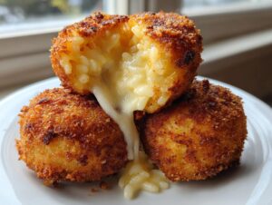 Close-up of three golden-brown, deep-fried rice balls, one cut open showing melted cheese oozing out.
