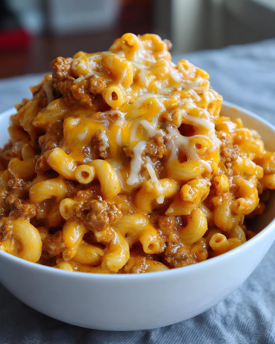 A close-up of a generous serving of homemade hamburger helper with elbow macaroni and ground beef, topped with melted cheese.