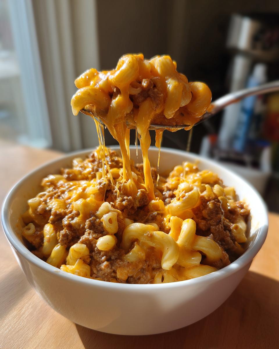 A spoonful of cheesy, saucy homemade hamburger helper being lifted from a white bowl.