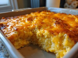 Close-up of a baked cheesy potato casserole in a baking dish with a deeply browned, melted cheddar cheese topping.