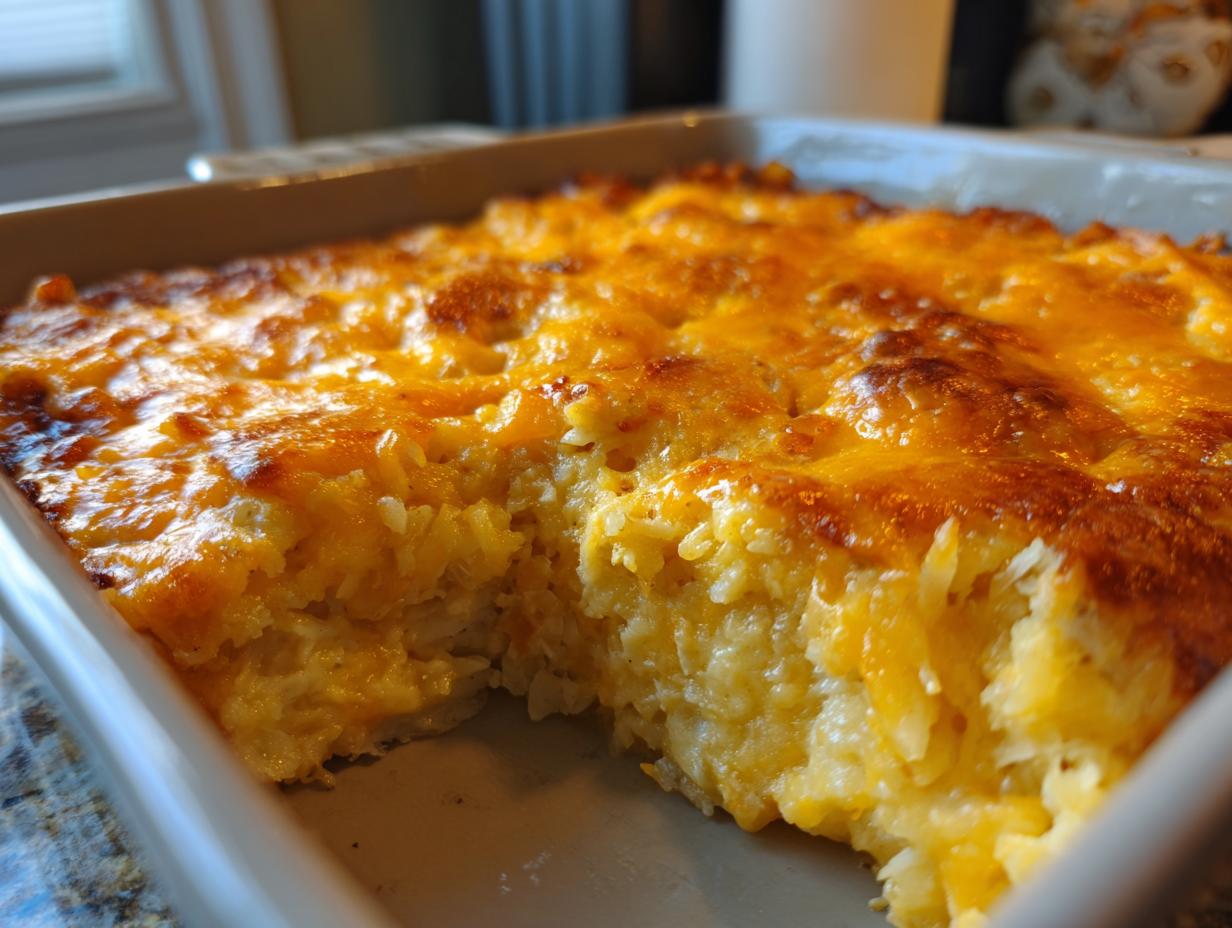 Close-up of a baked cheesy potato casserole in a baking dish with a deeply browned, melted cheddar cheese topping.