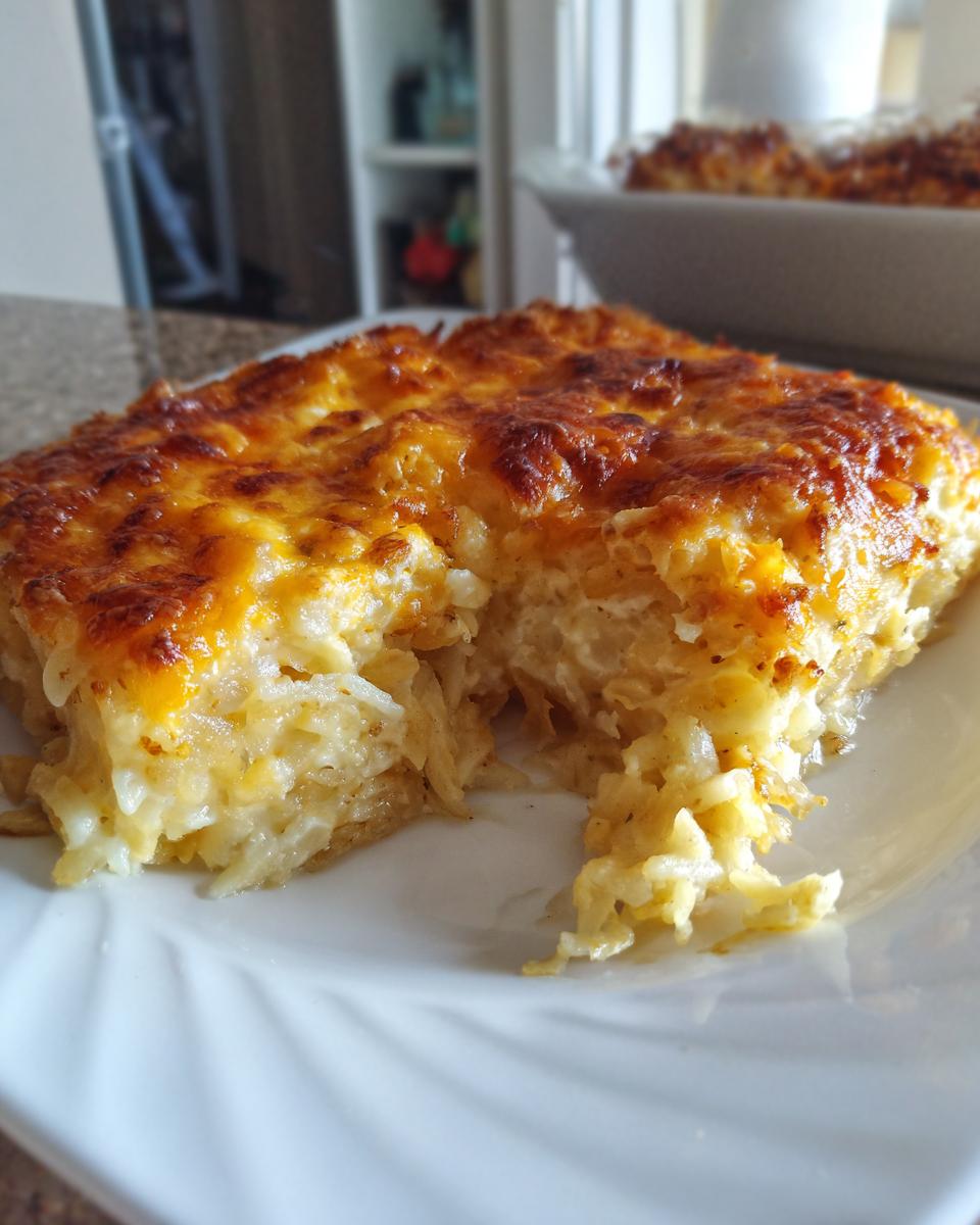A close-up serving of cheesy potato casserole showing shredded potatoes baked in a creamy sauce and topped with a golden-brown melted cheese crust.