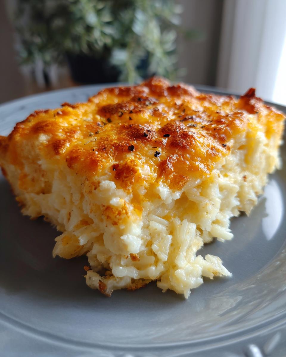 A close-up of a serving of cheesy potato casserole showing shredded potatoes and a bubbly, golden-brown cheese topping.