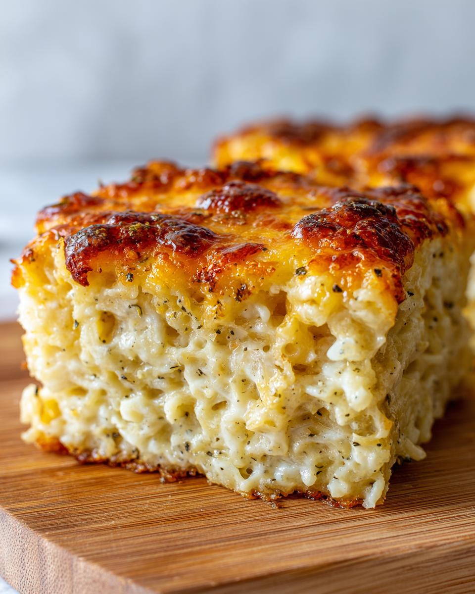 A close-up of a thick slice of cheesy potato casserole with a bubbly, browned cheese topping.