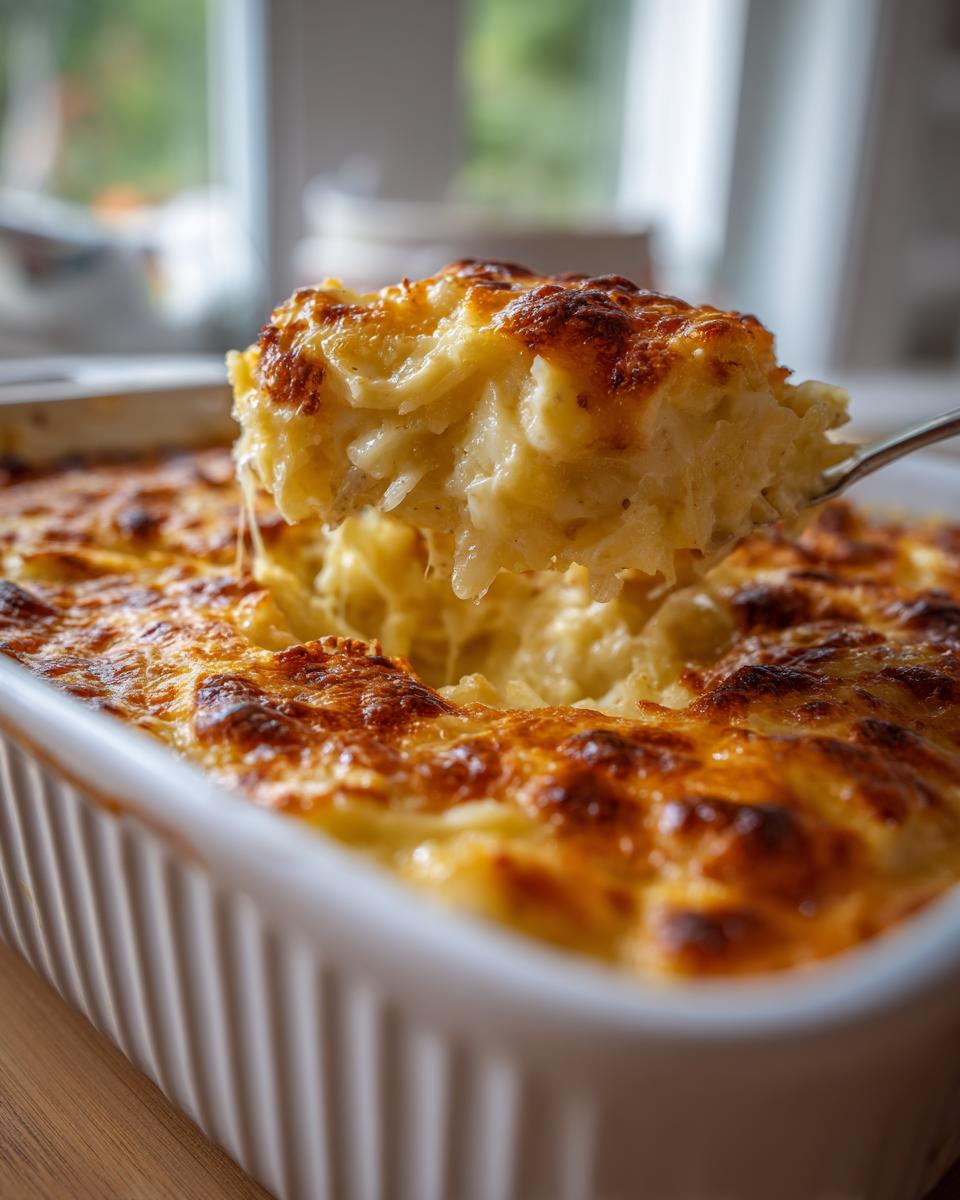 A spoonful of creamy, baked cheesy potato casserole being lifted from a white baking dish, showing melted cheese pull.