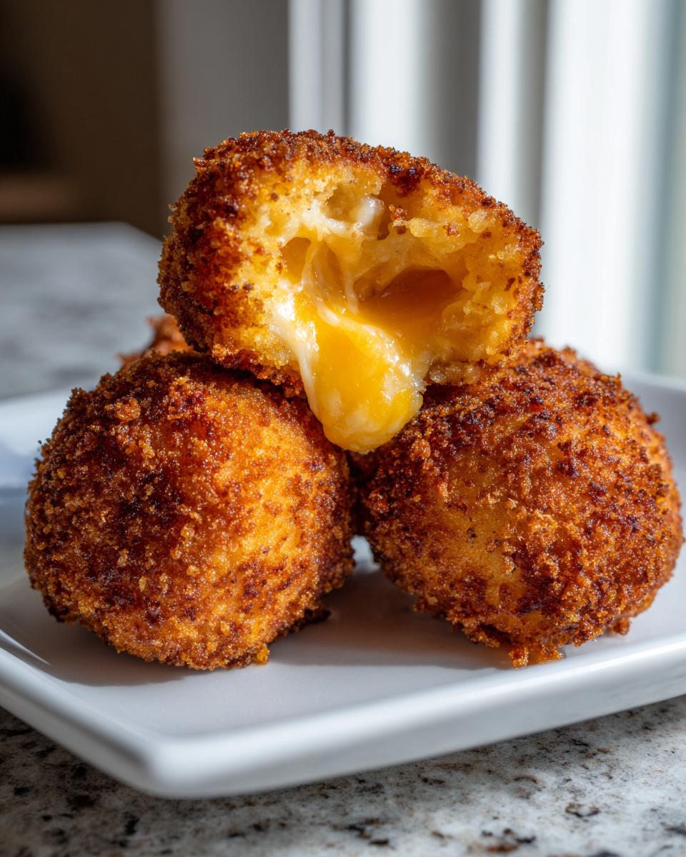 Three golden brown, crispy potato croquettes stacked, with one cut open revealing a melted, gooey cheese center.