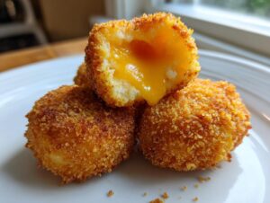 Close-up of three golden brown potato croquettes, one broken open revealing melted cheddar cheese inside.