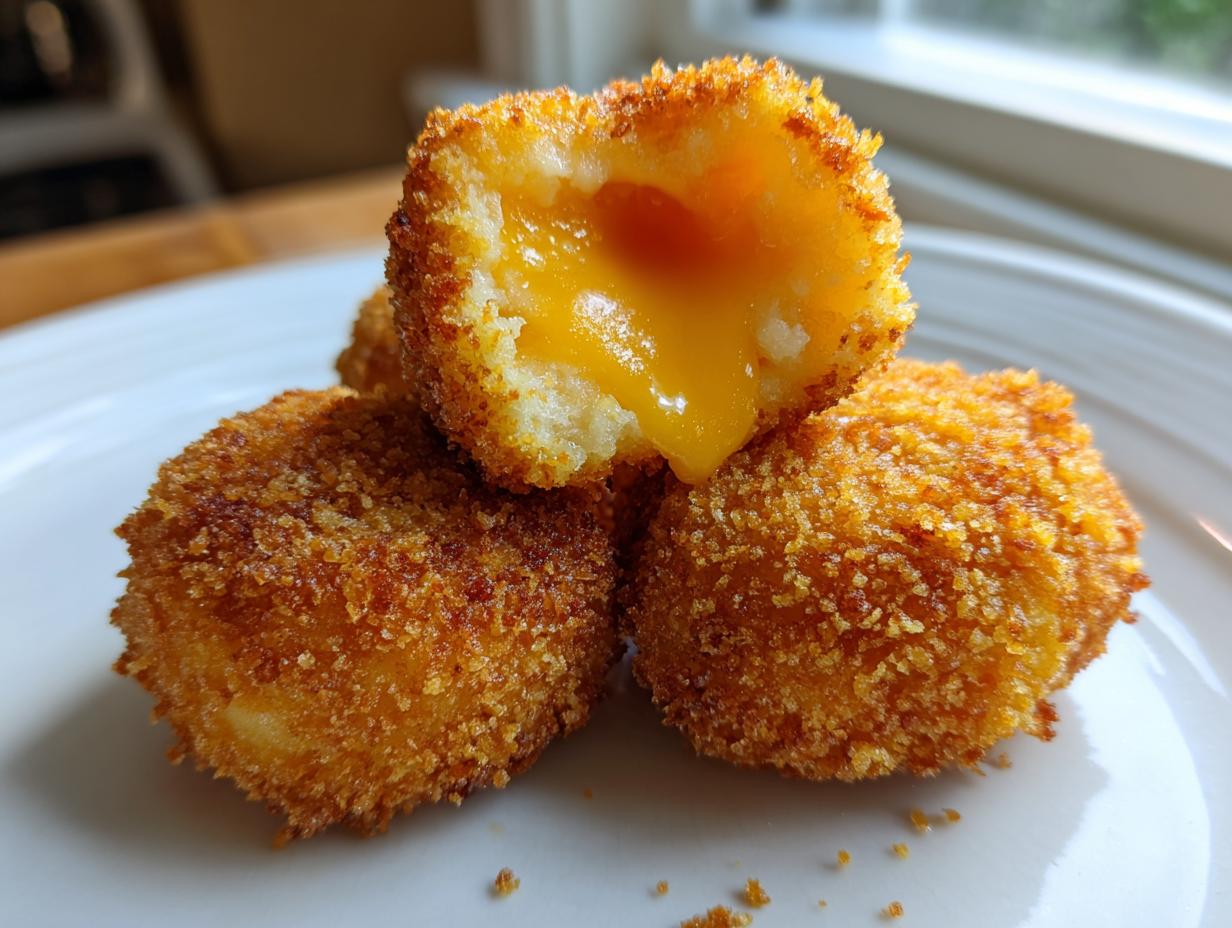 Close-up of three golden brown potato croquettes, one broken open revealing melted cheddar cheese inside.