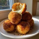 A stack of golden brown, crispy rice balls with one cut open showing melted cheese oozing out.