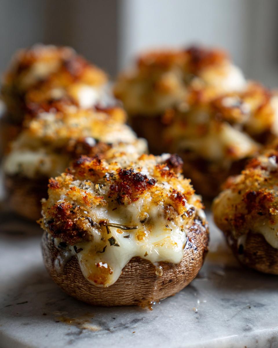Close-up of a baked stuffed mushroom with melted cheese dripping down the side and a golden breadcrumb topping.