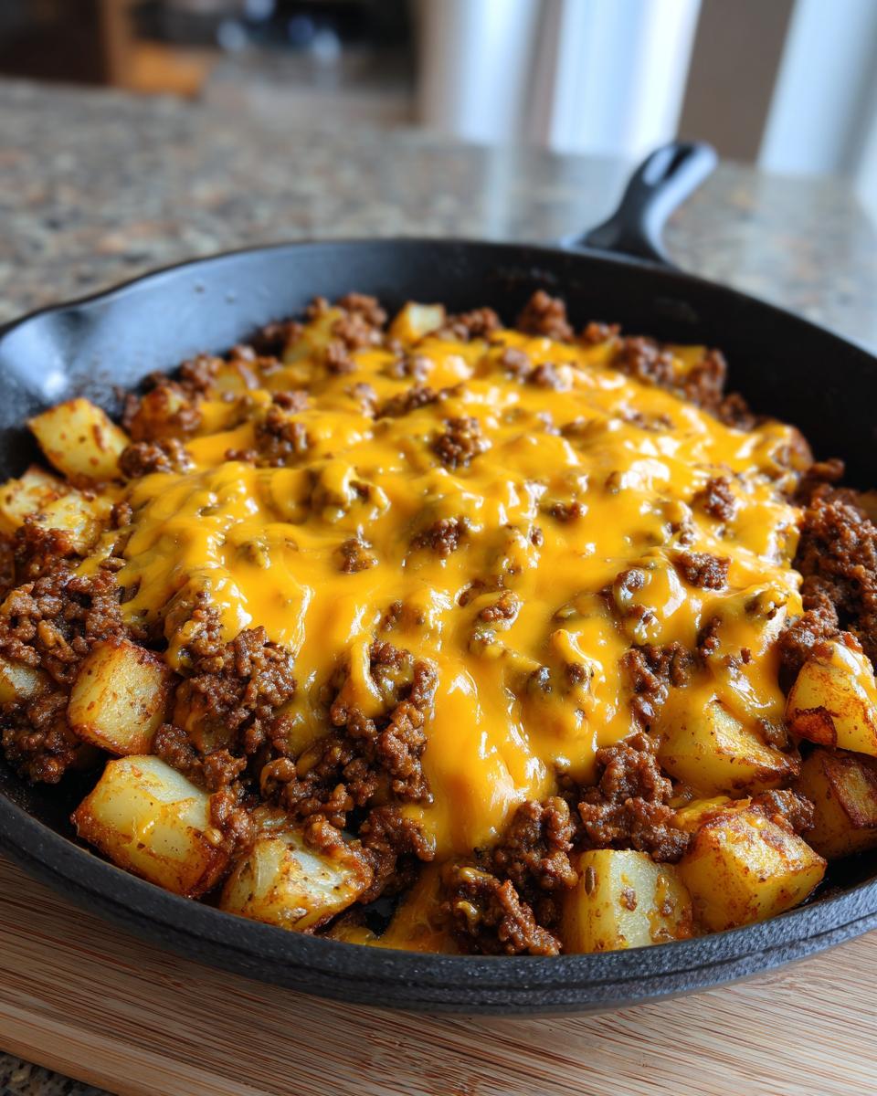 Close-up of Cheesy Taco Potatoes featuring seasoned ground beef and melted cheddar cheese over roasted potatoes in a cast iron skillet.