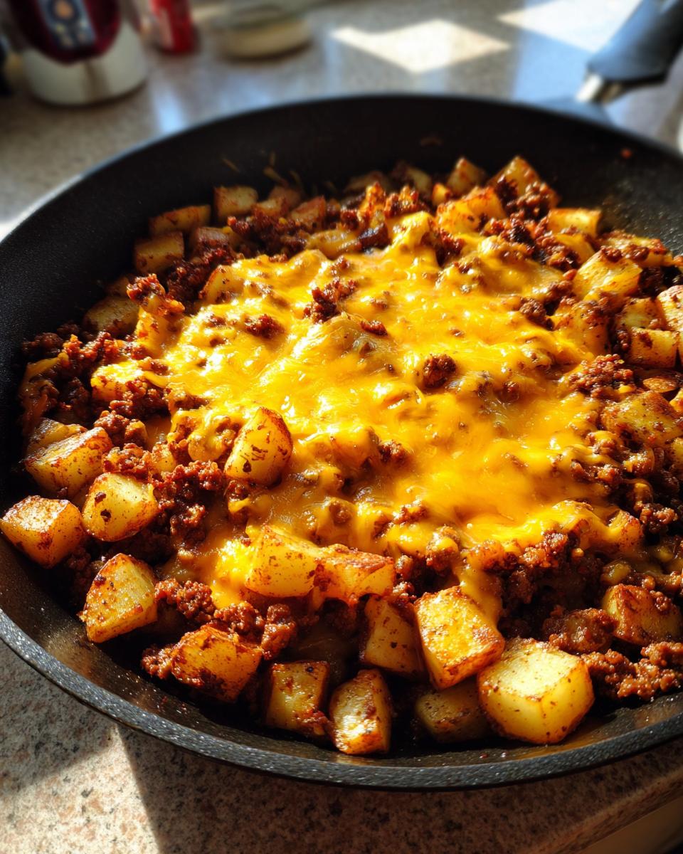 Close-up of Cheesy Taco Potatoes with seasoned ground meat and melted cheddar cheese in a black skillet.
