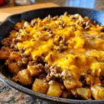 Close-up of Cheesy Taco Potatoes featuring seasoned ground beef and melted cheddar cheese over roasted potatoes in a cast iron skillet.