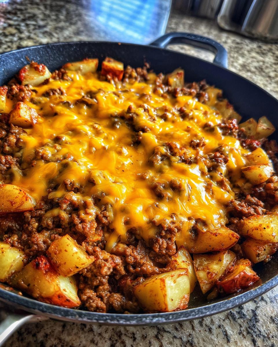 Close-up of Cheesy Taco Potatoes featuring seasoned ground meat and roasted potatoes topped with melted cheddar cheese in a black skillet.