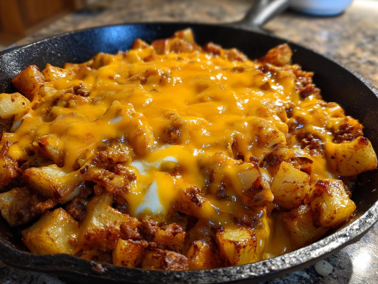 Close-up of Cheesy Taco Potatoes featuring crispy potatoes topped with seasoned ground meat and melted cheddar cheese in a black skillet.