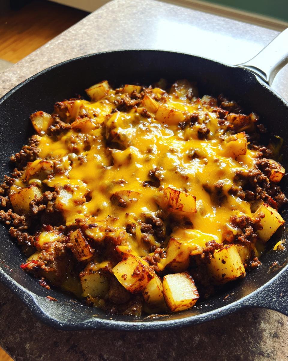 Close-up of Cheesy Taco Potatoes with seasoned ground beef and melted cheddar cheese in a black cast iron skillet.