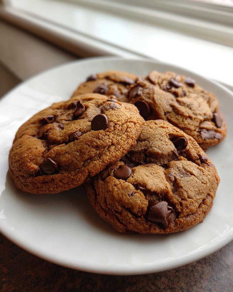 Close-up of four thick, chewy chocolate chip pudding cookies stacked slightly on a white plate near a window.