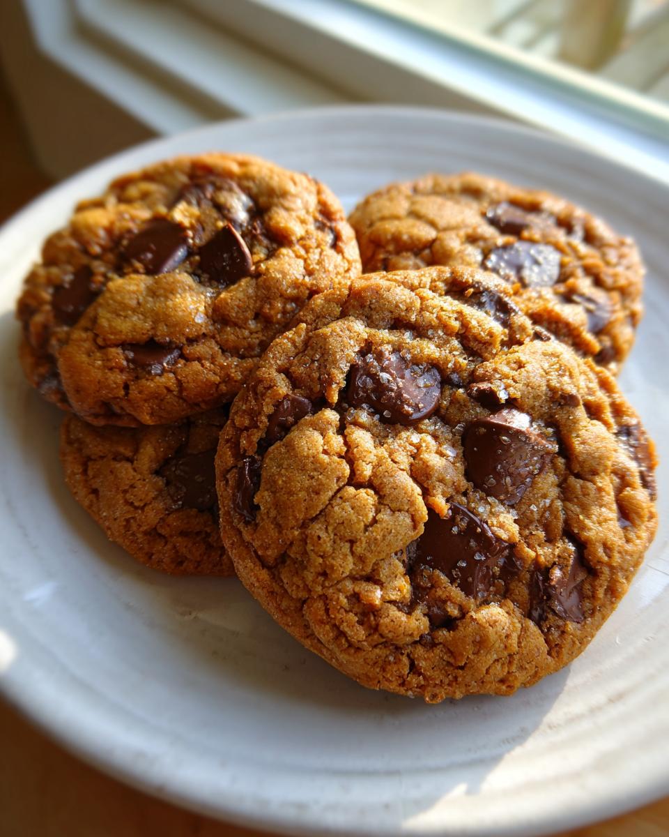 Four perfectly baked, thick chocolate chip pudding cookies sprinkled with sea salt, resting on a light plate near a window.