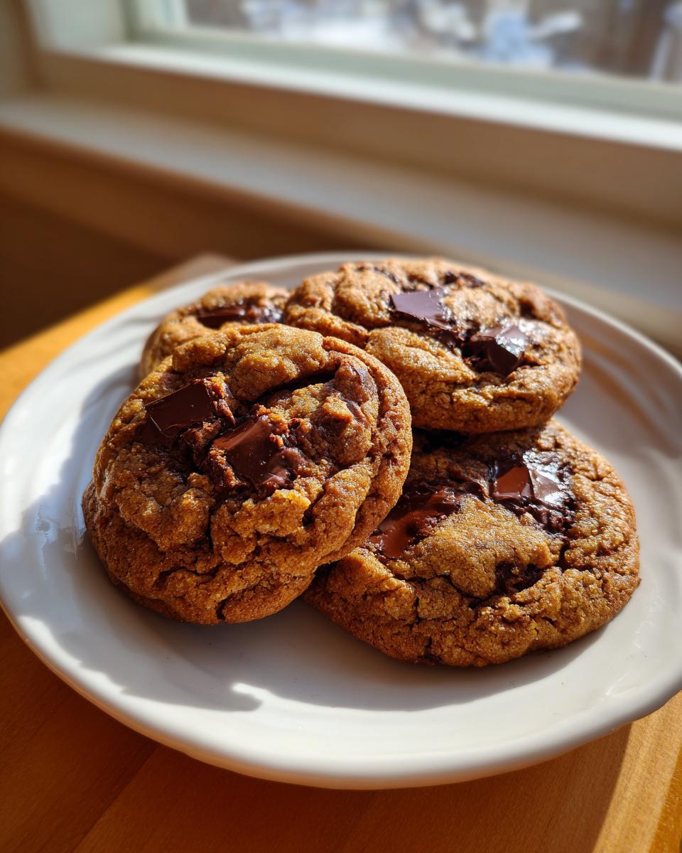 A stack of four rich, chewy pudding cookies loaded with melted chocolate chunks, resting on a white plate near a window.