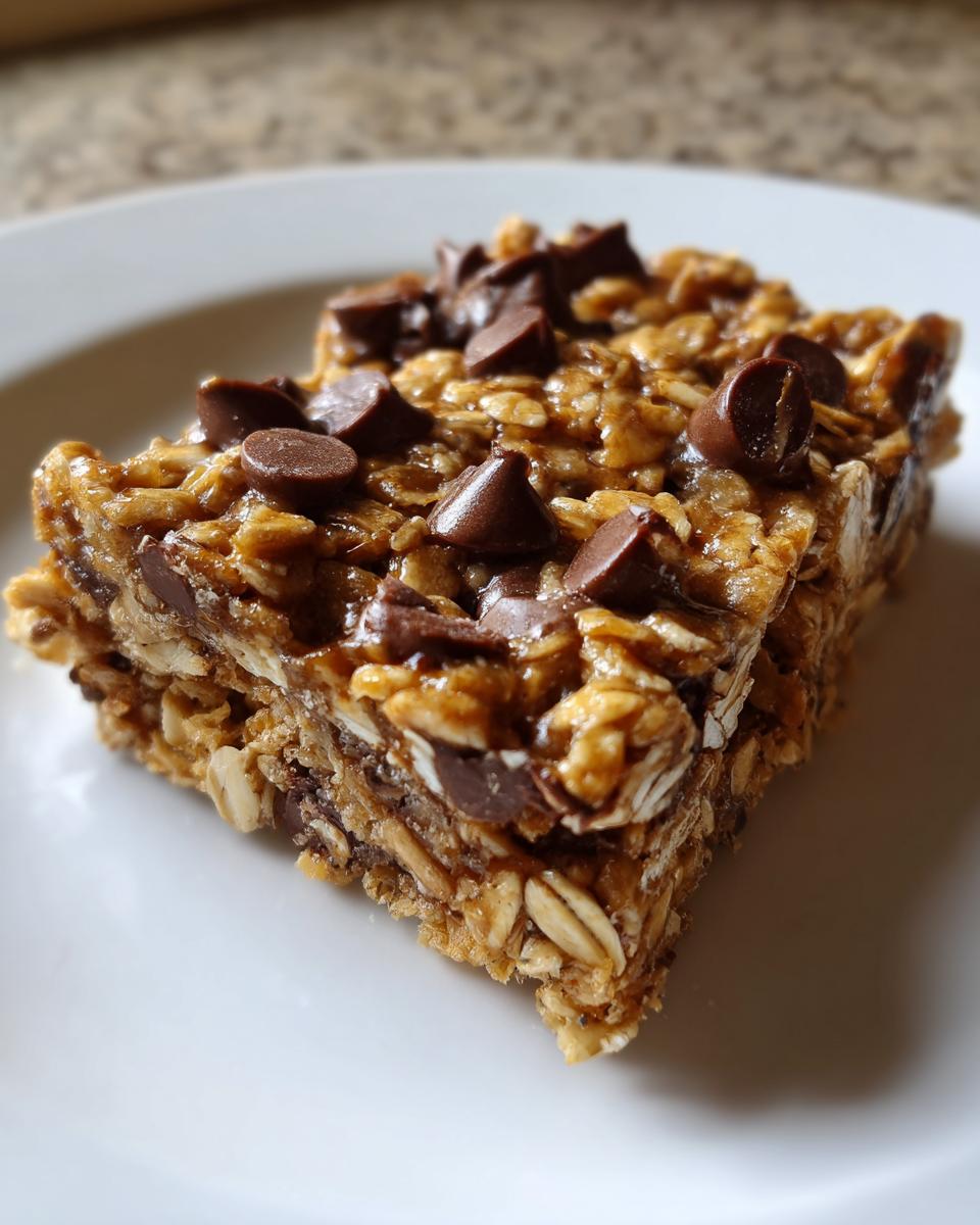 Close-up of a chewy homemade granola bar square topped with melted chocolate chips on a white plate.