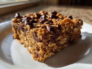 Close-up of a thick, chewy homemade granola bar square topped with melted chocolate chips on a white plate.