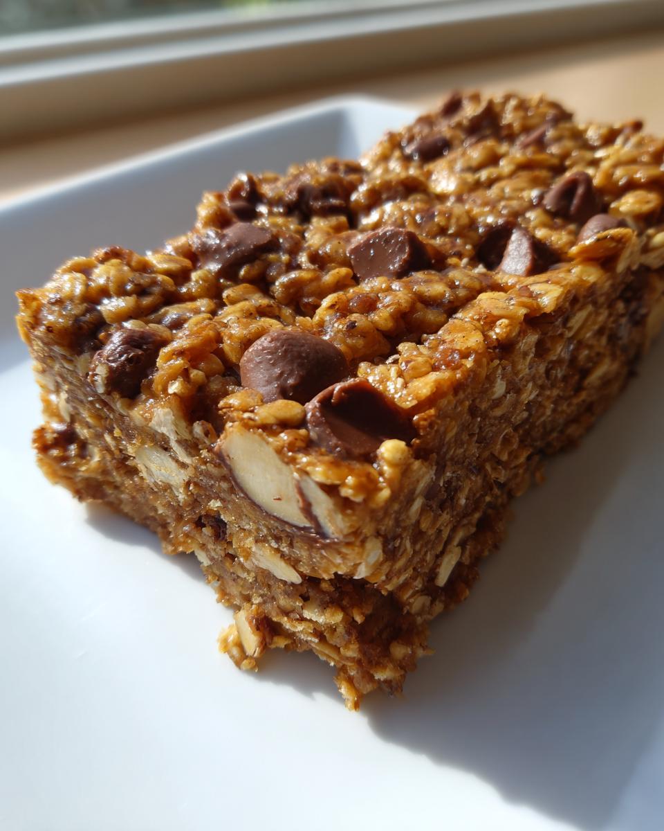 A close-up, sunlit view of a chewy homemade granola bars slice topped with chocolate chips and visible almond slivers.
