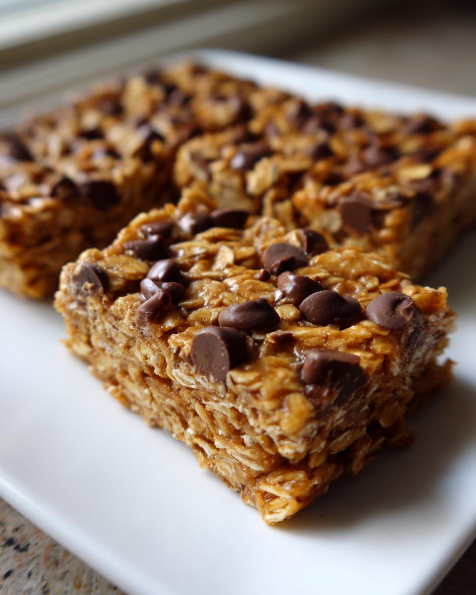 A close-up of a chewy homemade granola bars square topped with melted chocolate chips, resting on a white plate.