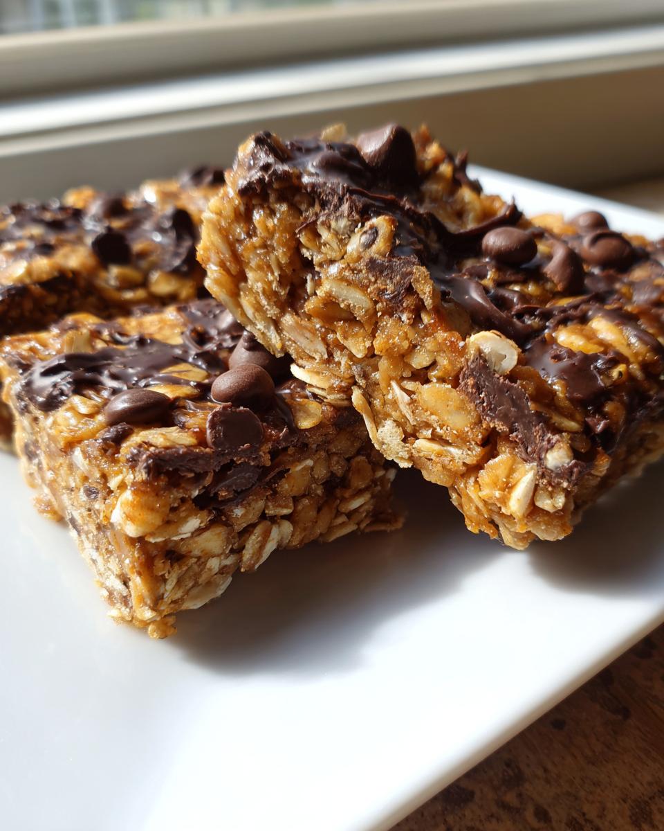 Close-up of chewy homemade granola bars, rich with oats and topped with melted chocolate chips.