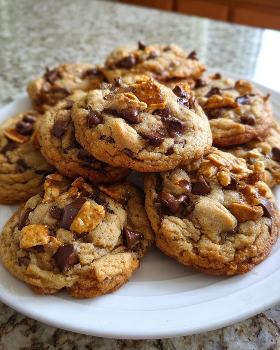 A stack of freshly baked, chewy kitchen sink cookies loaded with chocolate chips and crunchy mix-ins on a white plate.